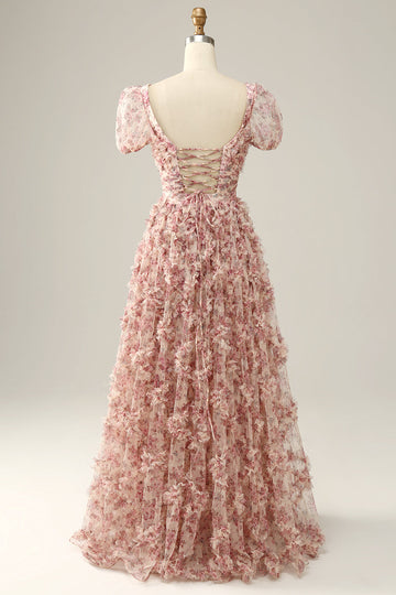 White Red Flower Square Neck Floor Length Ball Dress